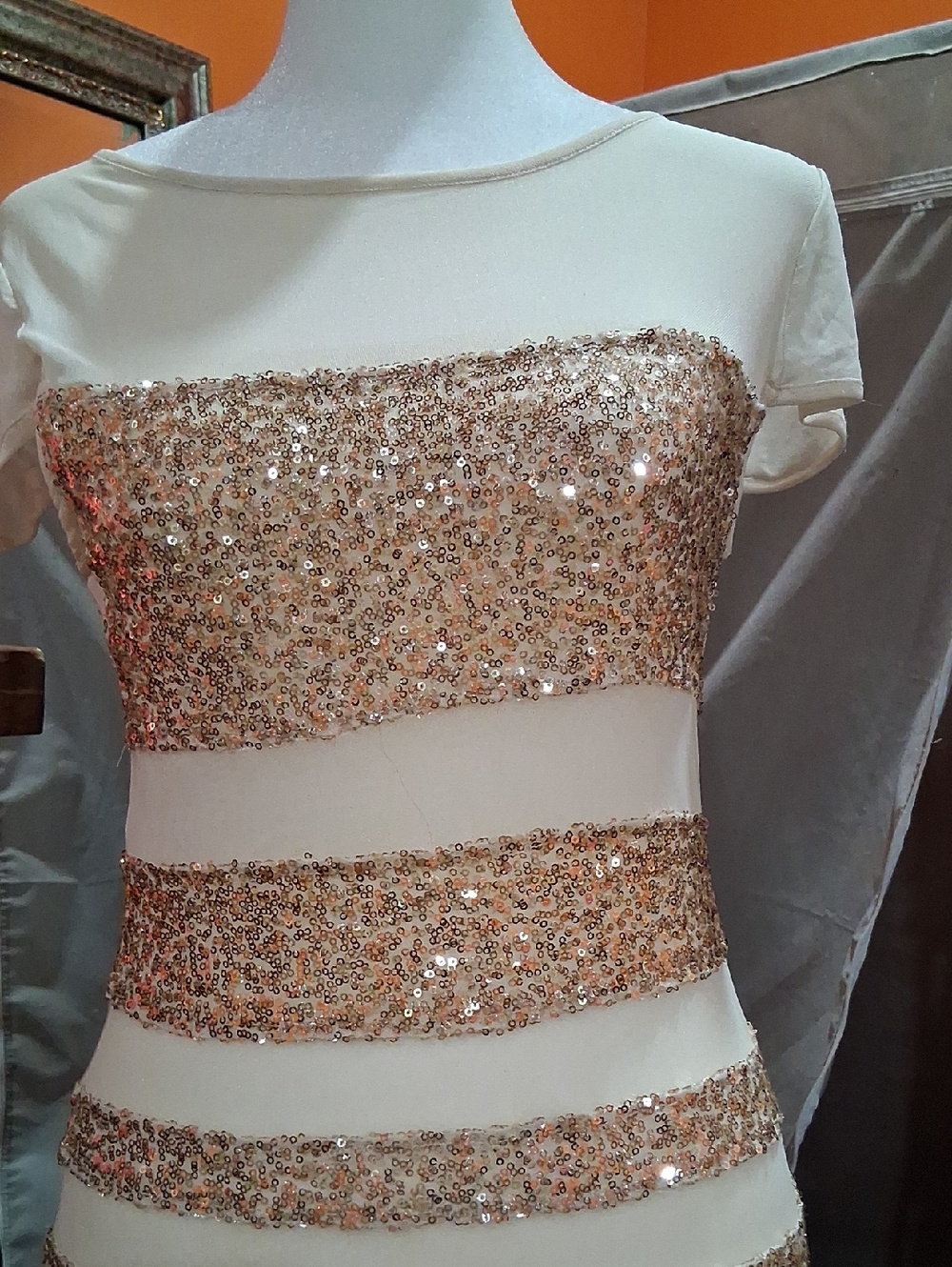 bebe White Top with Rose Gold Sequin Stripes